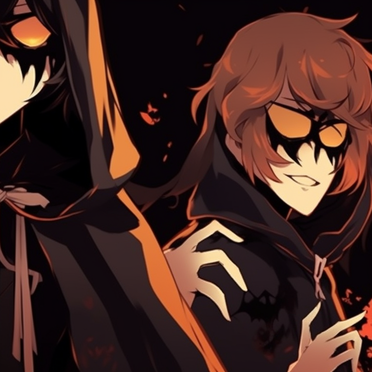 Five characters standing against a crescent moon backdrop, monochromatic palette and exaggerated silhouettes. perfect halloween matching pfp for group of 5 pfp for discord.