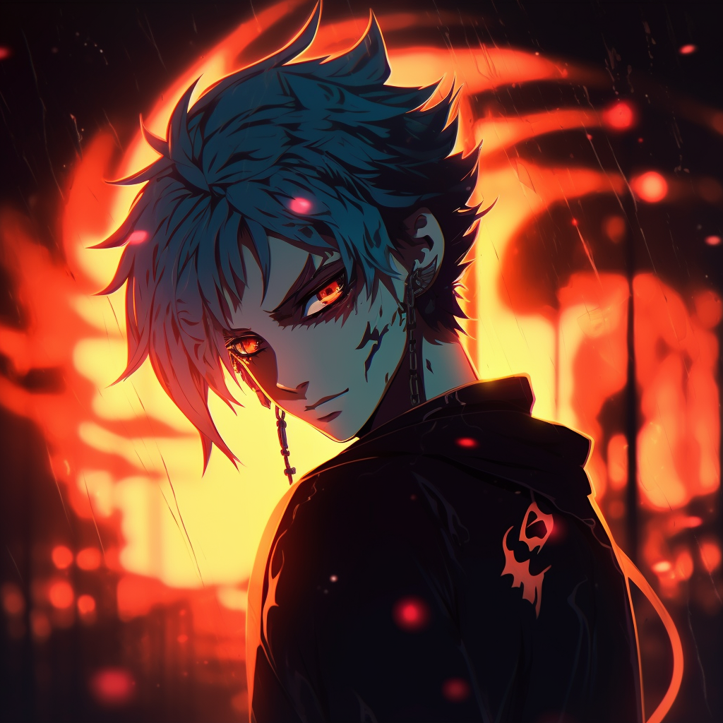 Anime boy in street style clothes, detailed artwork on clothes and background. 4k anime boy profile picture