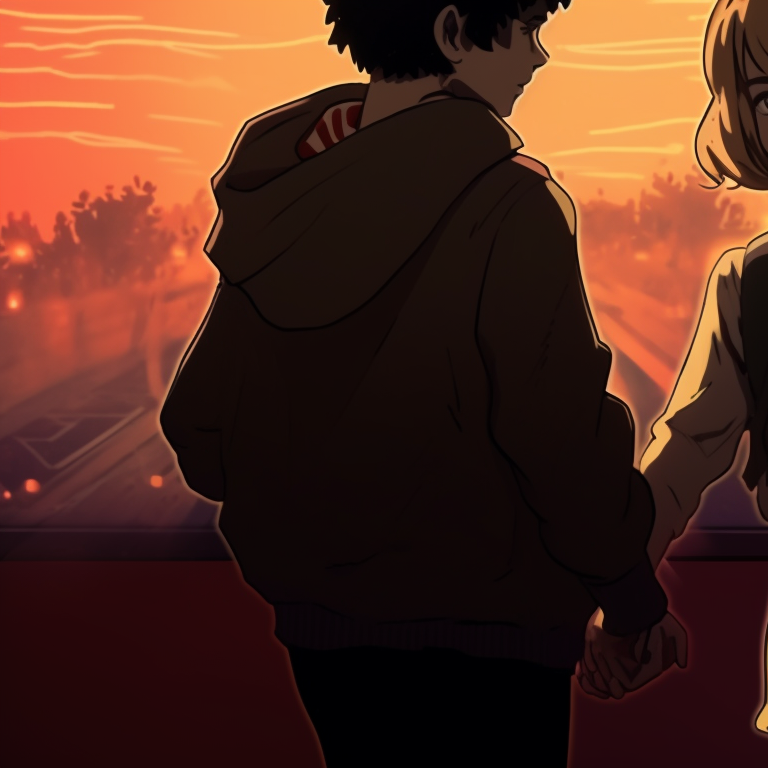 Lucas and Max on their skateboards, holding their Halloween bags, the rooftop silhouette of Hawkins infusing an eerie vibe. stranger things matching pfp featuring halloween theme concept pfp for discord.