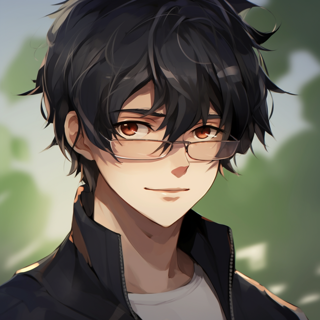 Quirky male anime character wearing glasses, detailed features and subtle shading. quirky male anime pfp