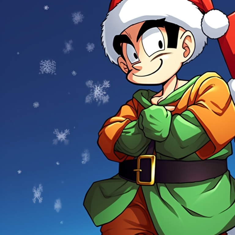 Two characters, flying together in holiday attire, blues and snowy whites dominate the hue. top matching christmas dragon ball pfp themes pfp for discord.