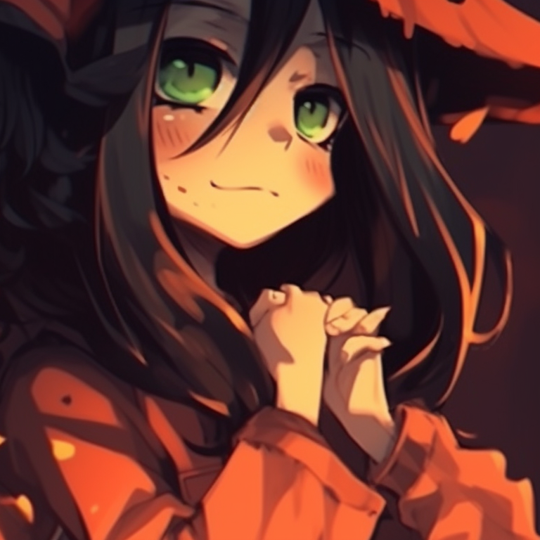 Two characters holding hands, dark hues with pops of orange, Halloween-themed outfits. perfect halloween matching pfp ideas pfp for discord.