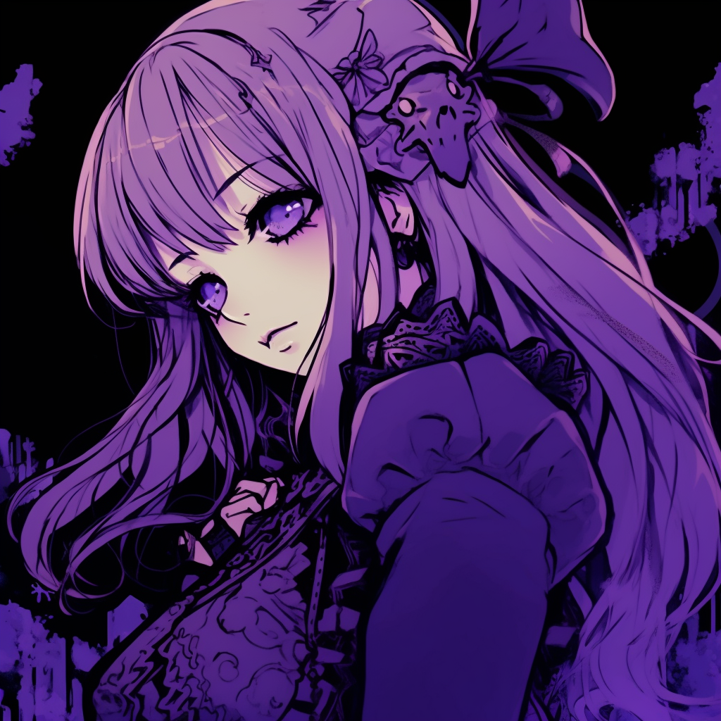 Close-up of anime character's eyes with vibrant purple shades, showing Gothic Lolita styling unique anime purple pfp concepts pfp for discord.