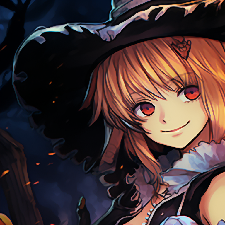 Two characters wearing pumpkin themed outfits, vibrant colors and intricate details make the image pop. inspirational one piece pfps for halloween pfp for discord.