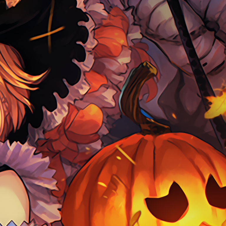 Two characters wearing pumpkin themed outfits, vibrant colors and intricate details make the image pop. inspirational one piece pfps for halloween pfp for discord.