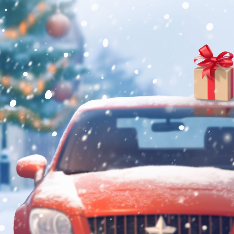 Two characters in winter outfits beside a decorated Christmas car, features a snowy backdrop. beloved holiday car matching guides pfp for discord.
