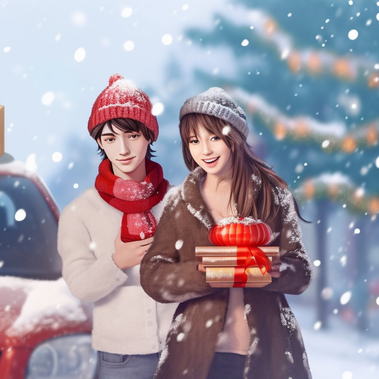 Two characters in winter outfits beside a decorated Christmas car, features a snowy backdrop. beloved holiday car matching guides pfp for discord.