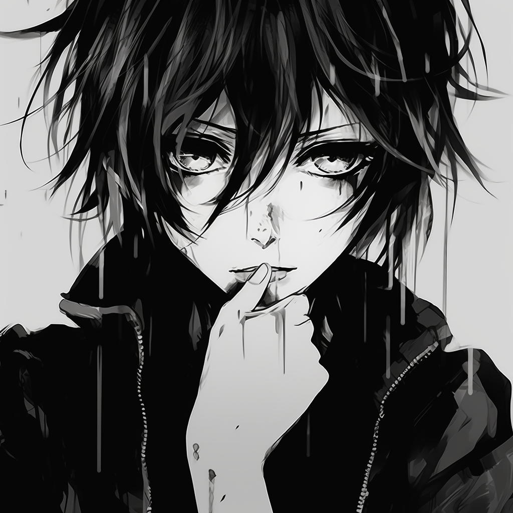 Artful disarray portrayed through an anime character in grunge aesthetic, with a focus on distressed textures and muted tones. grunge anime black and white pfp