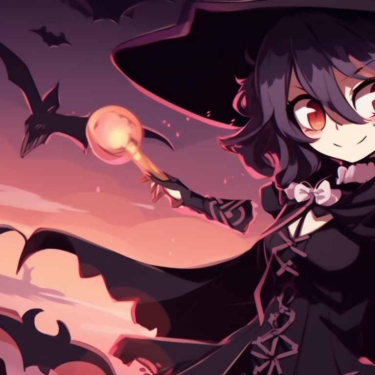 Two characters wearing witch hats, purple and black color palette, sharing a broomstick. matching pfp for discord halloween theme: spooky pfp for discord.