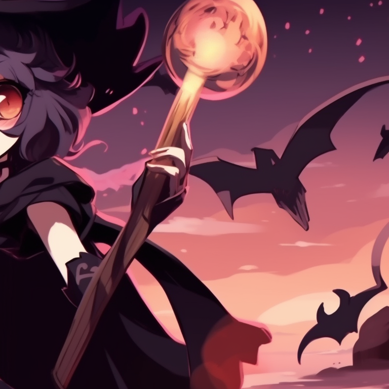 Two characters wearing witch hats, purple and black color palette, sharing a broomstick. matching pfp for discord halloween theme: spooky pfp for discord.