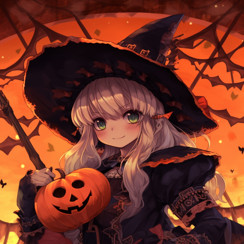 Two adorable anime characters wearing spooky outfits, with fine linework and warm tones. halloween anime pfp for pairs