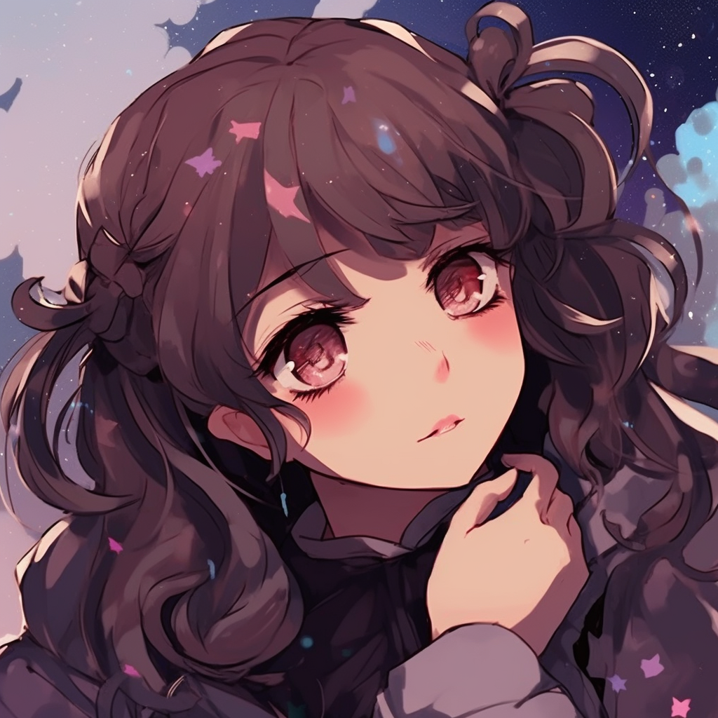 A couple in a starry dreamscape, with distinct anime facial details, and cosmic colors. trendy aesthetic cute anime pfp pfp for discord.