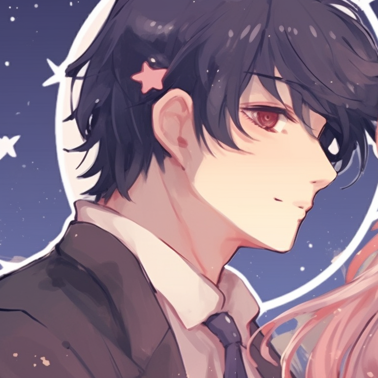 Two characters with celestial motifs, soft pastel colors, linked by a star trail. matching pfp in anime style pfp for discord.