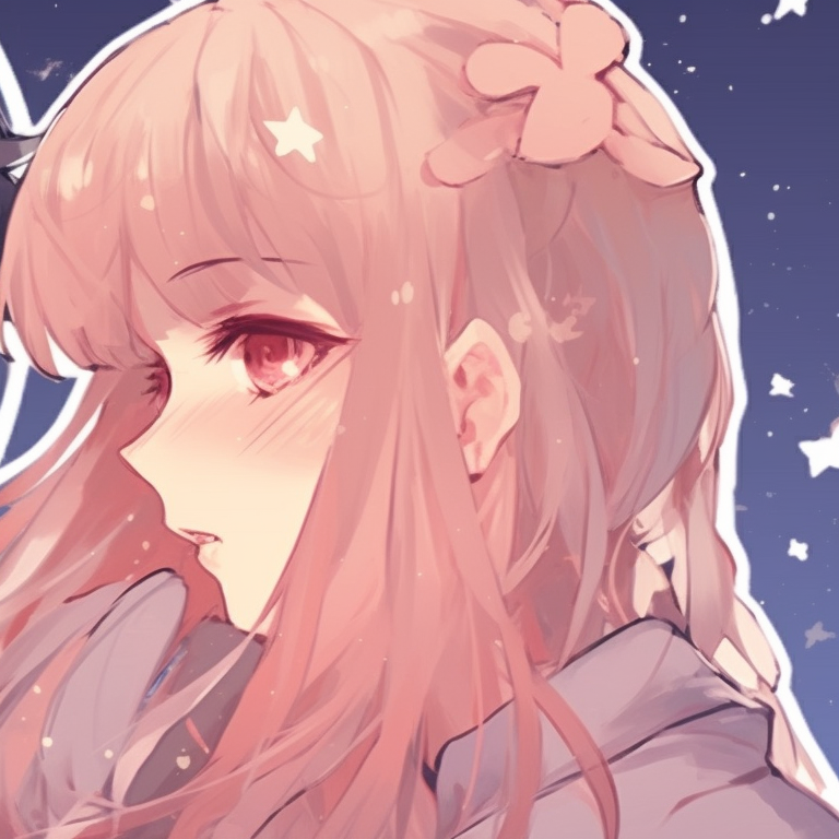 Two characters with celestial motifs, soft pastel colors, linked by a star trail. matching pfp in anime style pfp for discord.