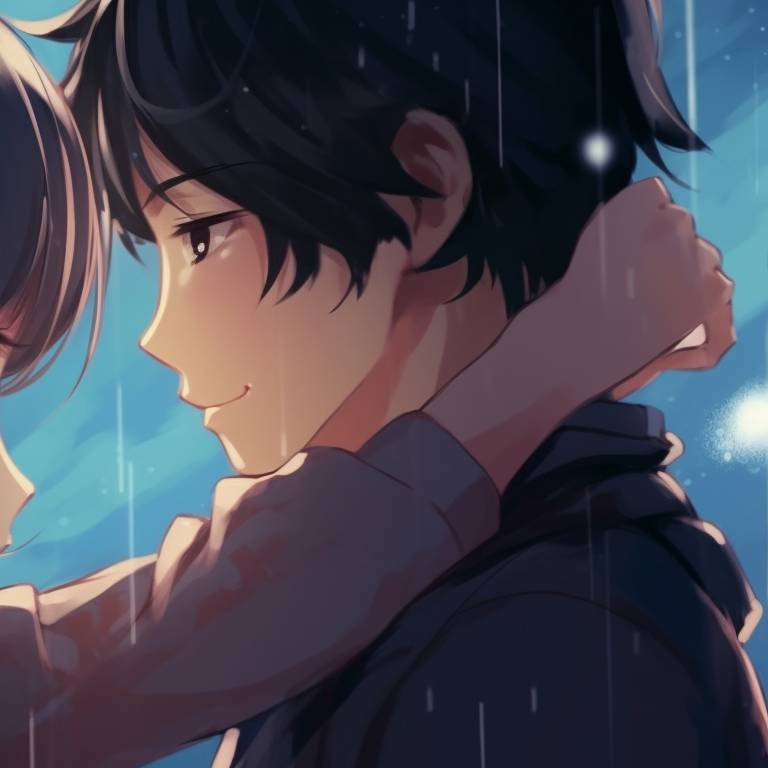 Two characters with a cosmic backdrop, nebula colors and star-lit expressions, captured in a romantic embrace. nifty couple matching pfp pfp for discord.