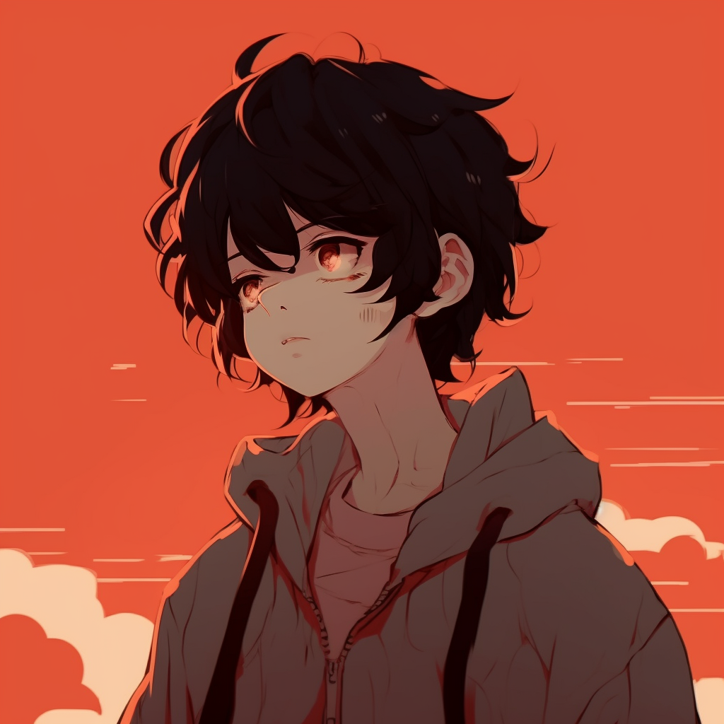 Anime character in a calm posture, predominantly red color palette. color-themed chill anime pfp