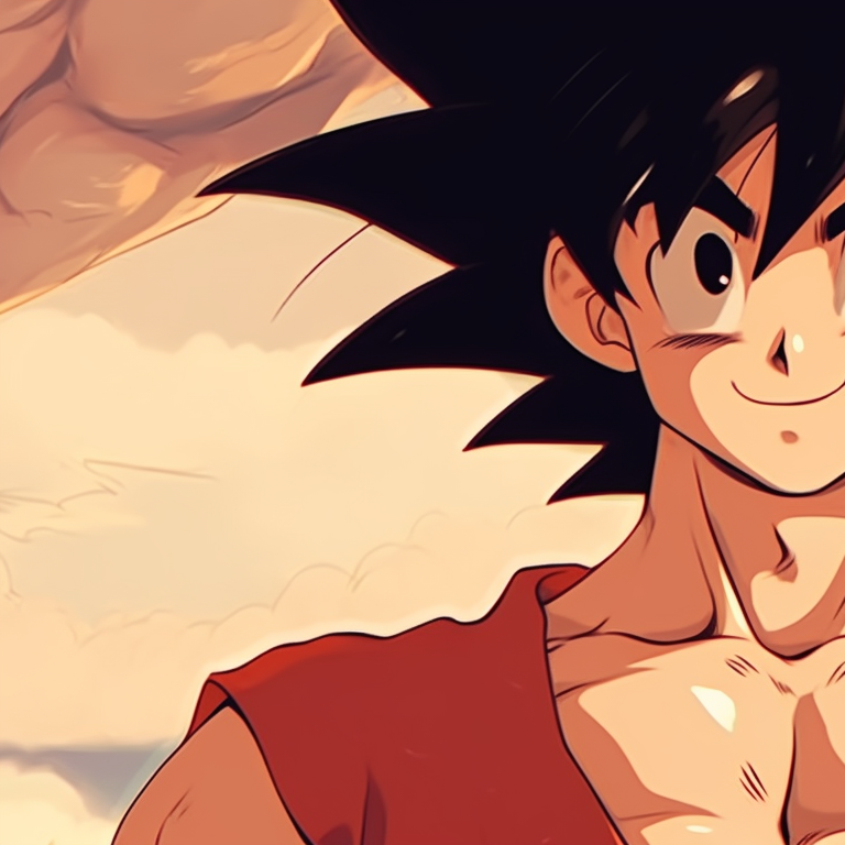 Close up of Goku and Chichi, big expressive eyes and painted in soft colors. goku and chichi love moments pfp for discord.