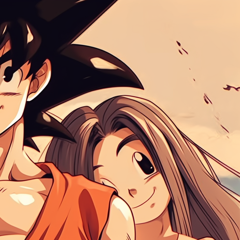 Close up of Goku and Chichi, big expressive eyes and painted in soft colors. goku and chichi love moments pfp for discord.