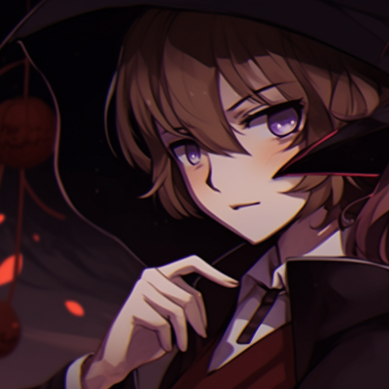Two characters in eerie outfits, one wearing a werewolf mask and the other donning a skeleton suit, both giving each other a chilling look. soukoku matching pfp halloween theme pfp for discord.
