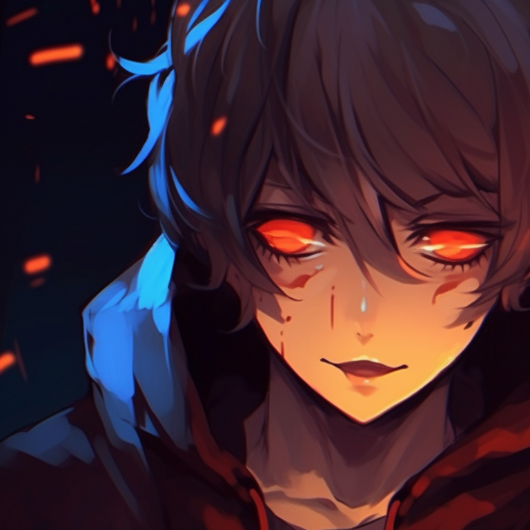 Two characters in a poignant exchange, sharp contrasts of color and disturbingly endearing. chilling sad pfps - halloween matching themes pfp for discord.