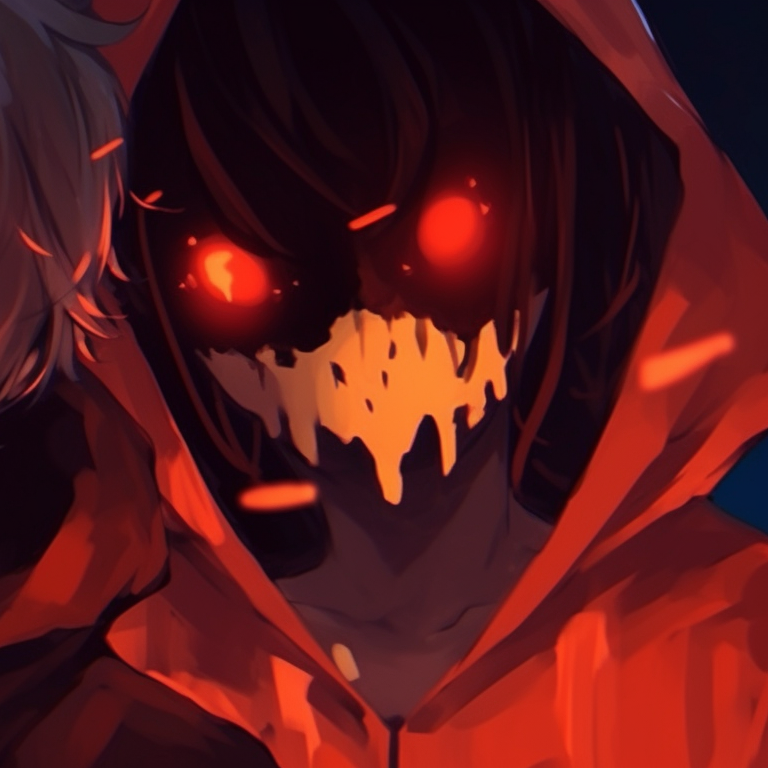 Two characters in a poignant exchange, sharp contrasts of color and disturbingly endearing. chilling sad pfps - halloween matching themes pfp for discord.