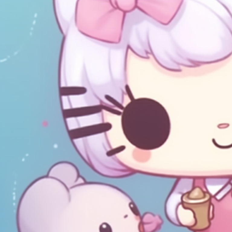 Two Hello Kitty characters, one in a hat and the other in a bow, displaying a playful vibe. matching hello kitty pfp for besties pfp for discord.