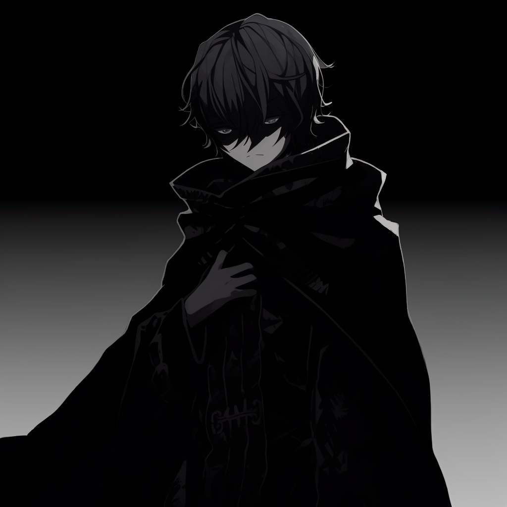 A solitary warrior with dark armor, stand in silhouetted against dimly lit surroundings. anime pfp dark featuring male characters pfp for discord.