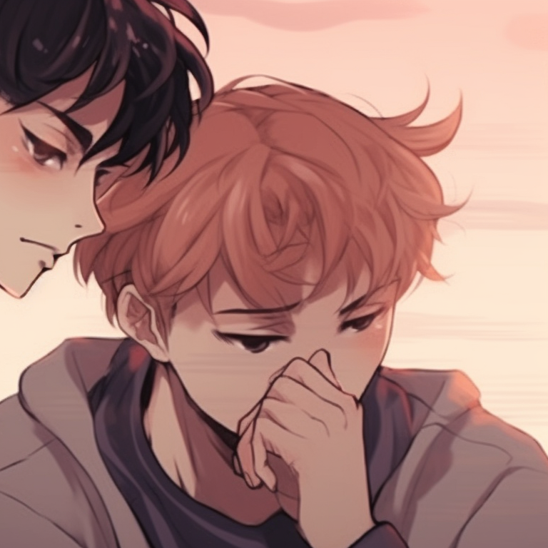 Two male characters, soft dusky background colors, sitting side by side. trending bl matching pfp pfp for discord.