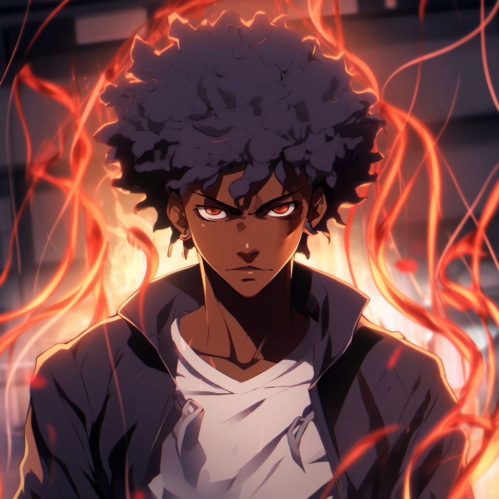 A powerful Black anime character in motion, high energy lines and bold hues. inspiring black anime pfp artwork