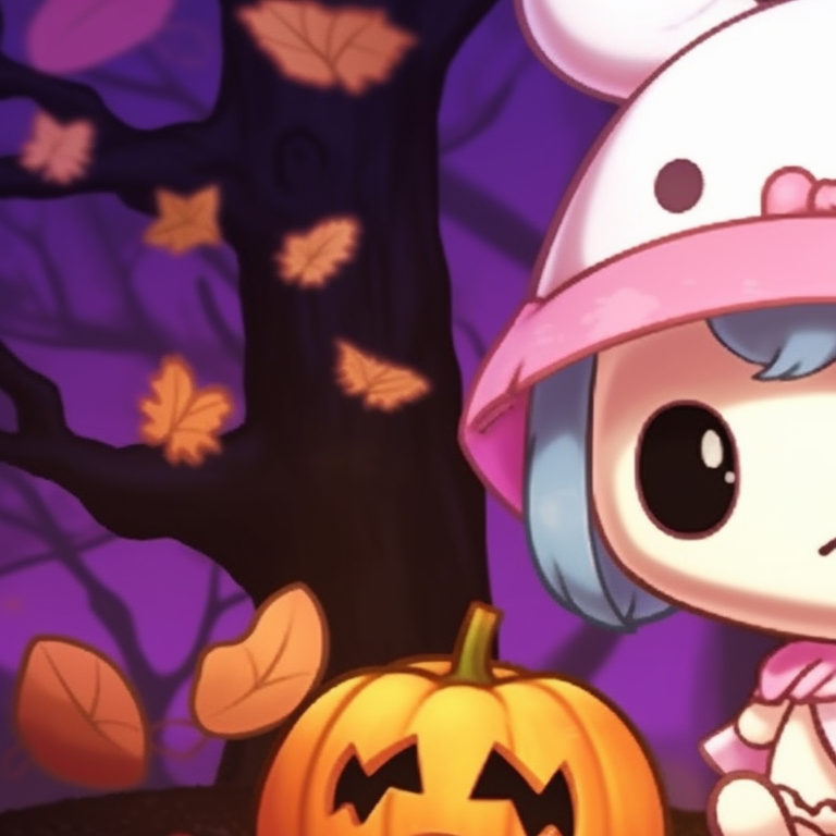 Two My Melody characters in witch outfits flying on broomsticks, against a full moon backdrop. my melody matching pfp halloween theme diy pfp for discord.