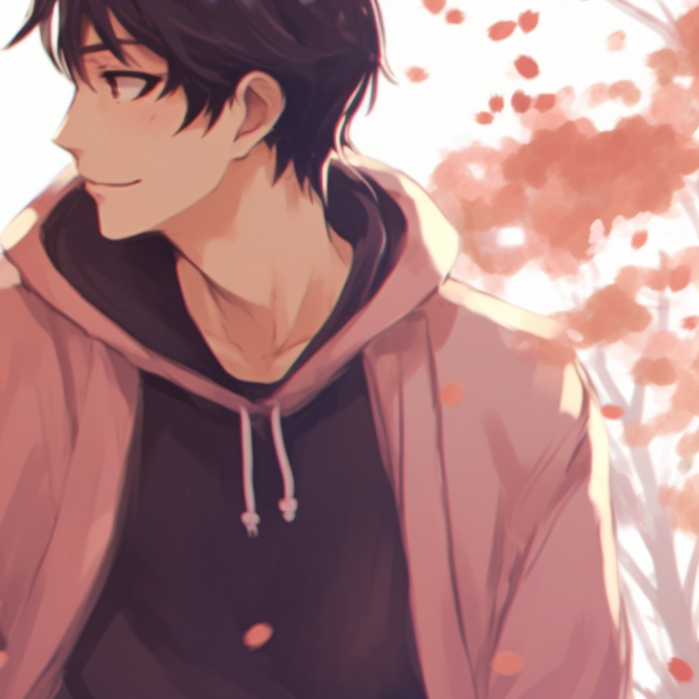 Two characters under cherry blossom trees, soft colors and romantic ambiance. perfect cute matching pfp for couples in love pfp for discord.