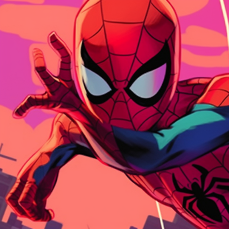 Two Spiderman characters perched on a building, high contrast and detailed cityscape. cartoon matching spiderman pfp pfp for discord.