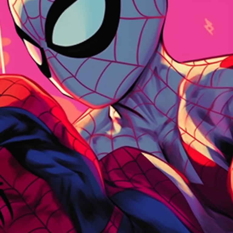 Two Spiderman characters perched on a building, high contrast and detailed cityscape. cartoon matching spiderman pfp pfp for discord.