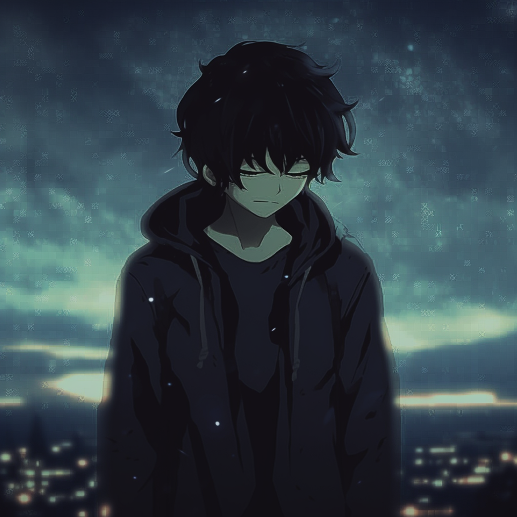 A male character captured in a lament under the soft moonlight, features subtle shading and pale colours. sad anime pfp male