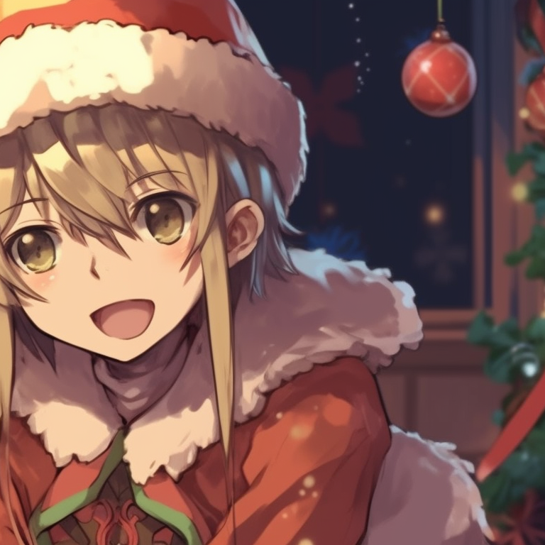 Two characters in Victorian-era clothing, singing carols, backdrop of a cozy Christmas home. festive matching christmas pfp anime pfp for discord.