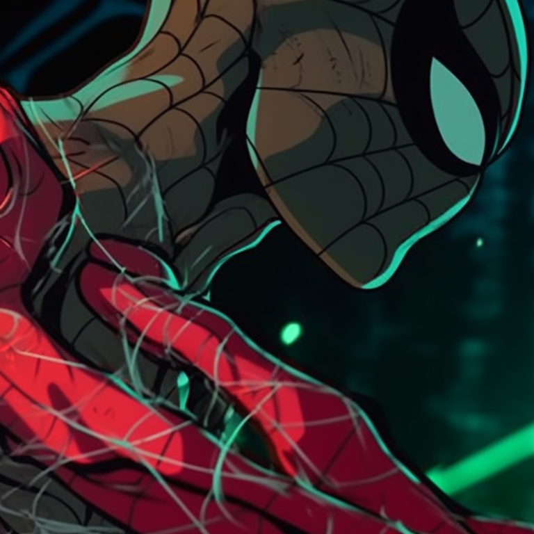 Spiderman and Gwen Stacy swinging across the city skyline, using soft colors and crisp lines. spiderman matching pfp comics pfp for discord.