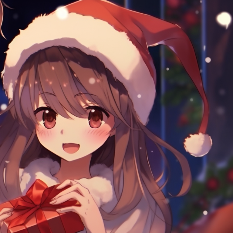 Two characters exchanging gifts, rich details and festive hues. wonderful matching christmas pfp aesthetic pfp for discord.