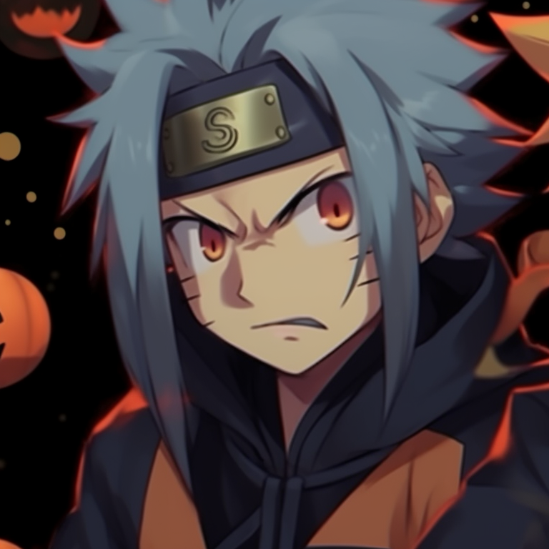 Naruto and Sasuke posing with pumpkin-themed accessories, vivid colors and detailed textures. jinchuriki halloween match pfp with naruto & sasuke pfp for discord.