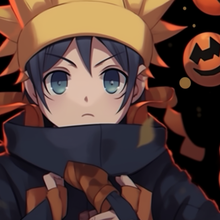 Naruto and Sasuke posing with pumpkin-themed accessories, vivid colors and detailed textures. jinchuriki halloween match pfp with naruto & sasuke pfp for discord.