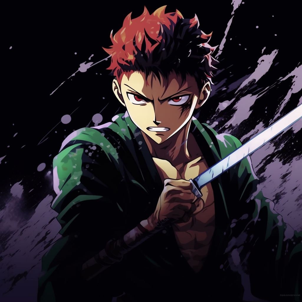 Detailed close-up of Roronoa Zoro, strong use of shadows and highlights. high quality anime pfp in one piece theme
