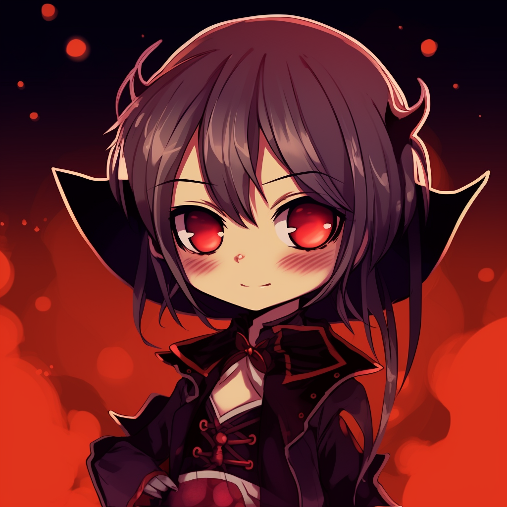 Chibi vampire's eyes showing subtle rainbow reflections and Halloween nuances. adorable anime halloween pfp