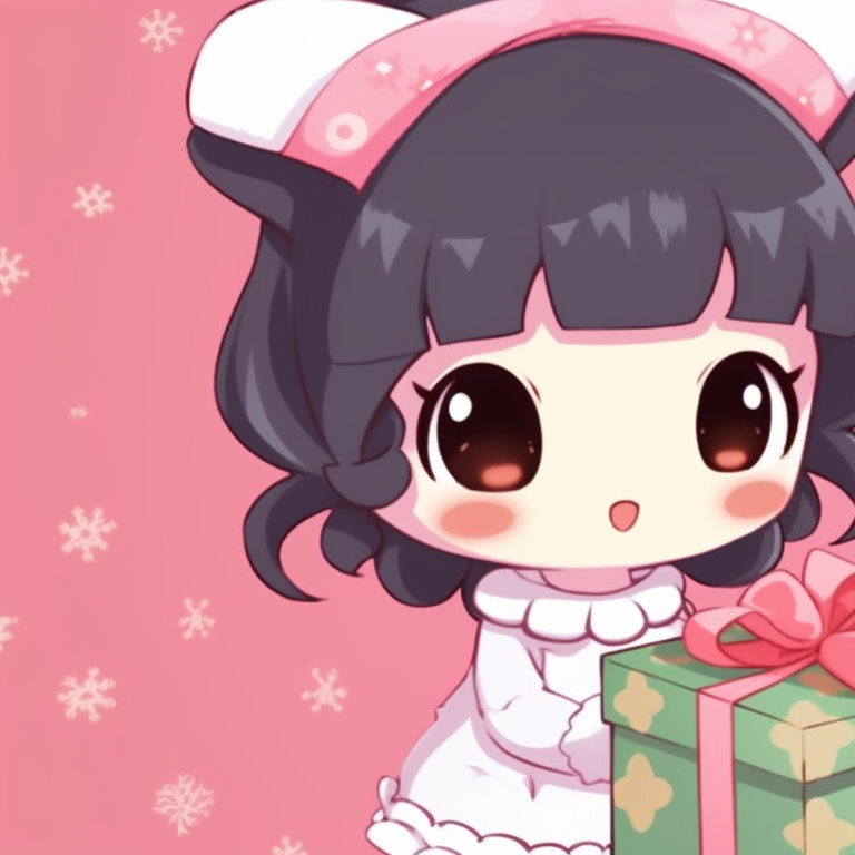 My Melody characters, minimalist winter scenery, exchanging Christmas cards. unique matching my melody pfp for christmas pfp for discord.