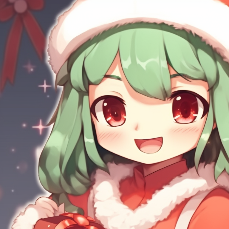 Close-up of two characters, bristling with Christmas details, including mistletoe and snowflakes. playful matching christmas pfp cartoon pfp for discord.