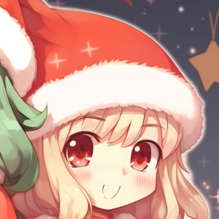 Close-up of two characters, bristling with Christmas details, including mistletoe and snowflakes. playful matching christmas pfp cartoon pfp for discord.