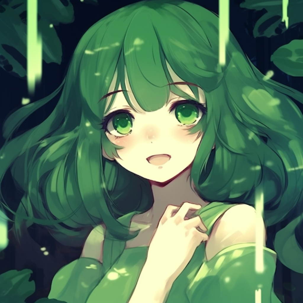 Focusing on the expressive emerald-green eyes of an anime girl, portrayed with great depth and vibrant colors. verdant green anime pfp girl