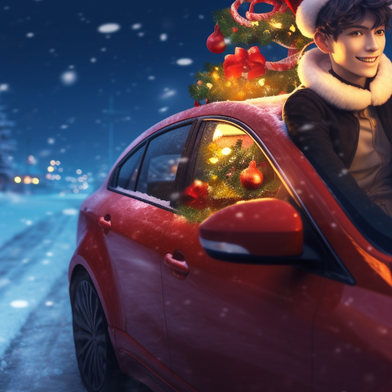 Two anime characters inside a car, bundled up in festive clothing, highly detailed tinsel and ornaments adorn the car interior. optimized christmas car images pfp for discord.