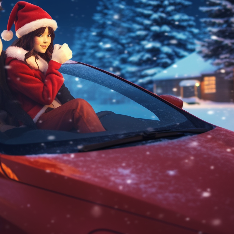 Two anime characters inside a car, bundled up in festive clothing, highly detailed tinsel and ornaments adorn the car interior. optimized christmas car images pfp for discord.