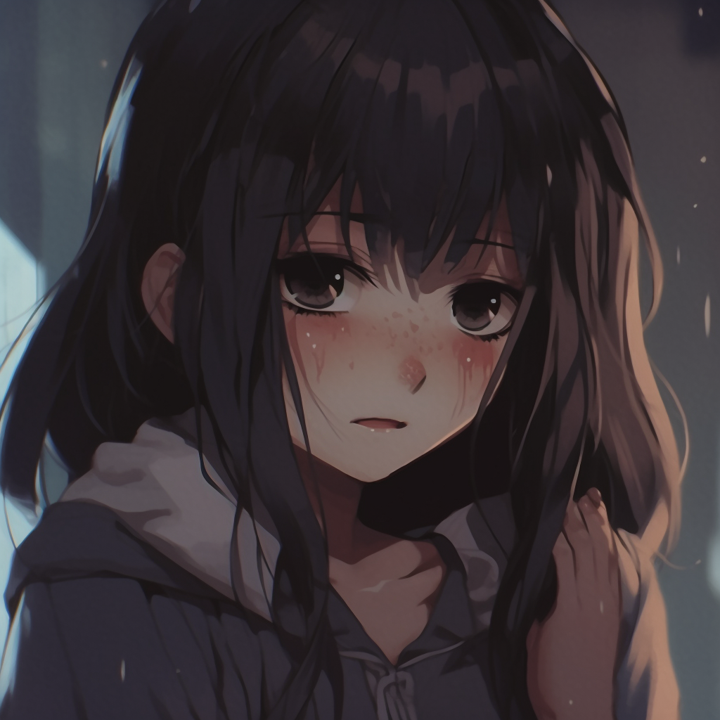 Depicted against the eerie light of dusk, the anime girl appears distressed, a remarkable play of light and shadows. depressed anime girl pfp wallpaper pfp for discord.