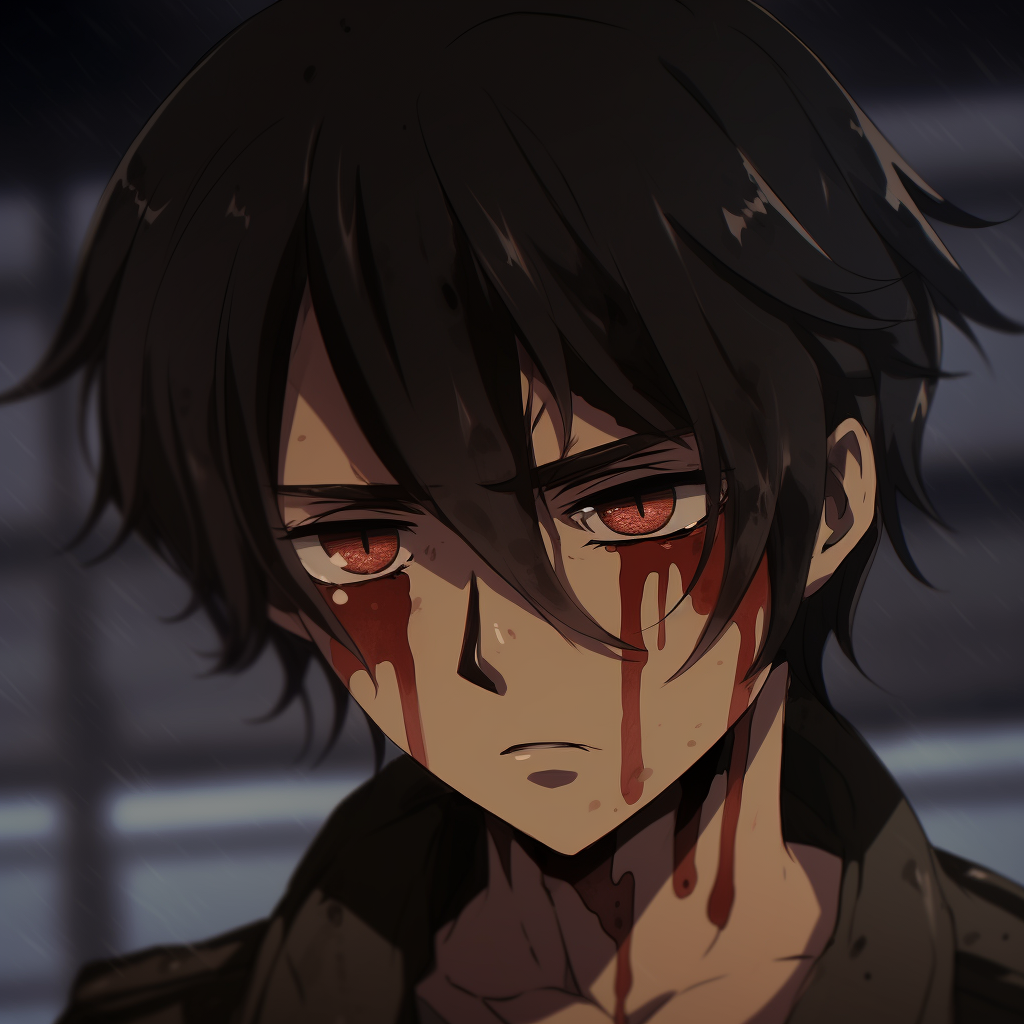 Detailed focus on Eren's weary face, beautifully depicted under the muted colors. exclusive anime pfp sad images pfp for discord.