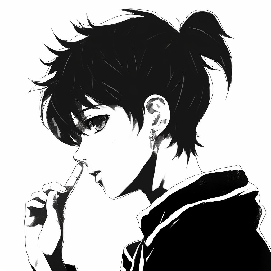 Highly detailed black and white anime male demonstrating minute aspects of facial features and hairstyle. anime profile picture black and white male